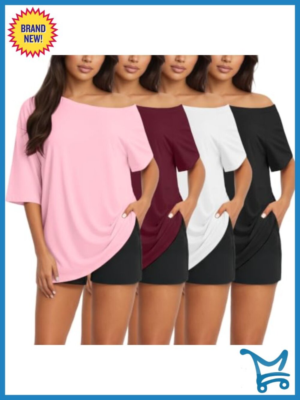 Off Shoulder Oversized T-Shirts Short Sleeve Casual Tops for Women 4 Pack
